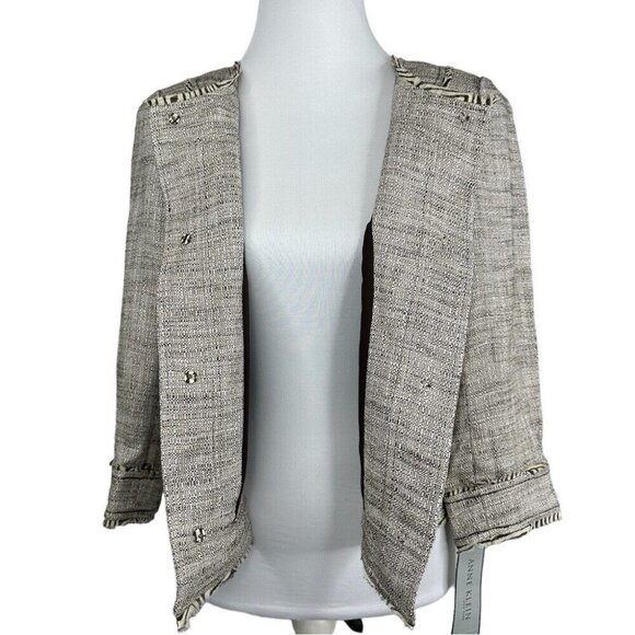 Anne Klein Women's NWT Tan Linen Tweed Silk Animal Print Trim Jacket 6/C36 - Picture 2 of 15